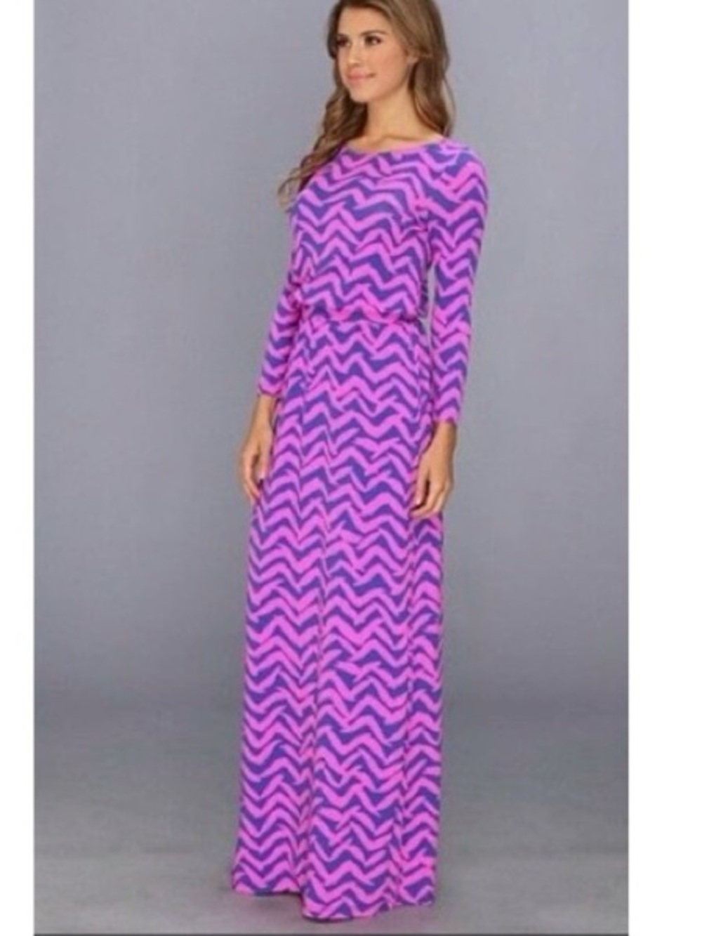 Lilly Pulitzer Nigella 3/4 Sleeve Pink & Blue Birds Chevron Print Boatneck Maxi